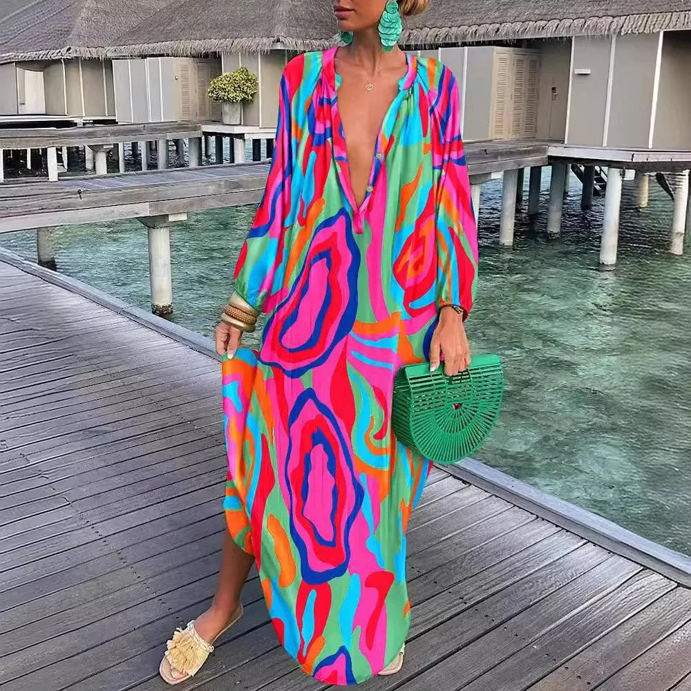 Women Maxi Dresses Summer Long Sleeve V-Neck Dress Fashion Printed Female Vacation Beach Long Dress Lady Elegant Loose  Robes