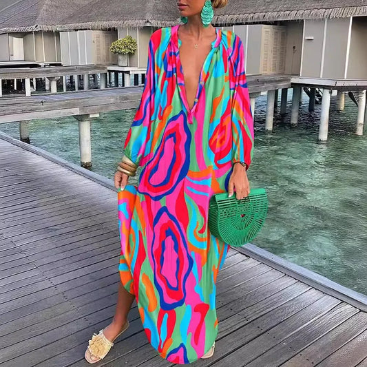 Women Maxi Dresses Summer Long Sleeve V-Neck Dress Fashion Printed Female Vacation Beach Long Dress Lady Elegant Loose  Robes