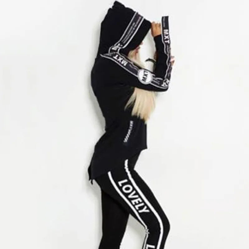 Women's clothes Black&White Hooded Jackets&Pants Suits for Women Contrast Color Loose Hooded Suits Alphabet trouser set