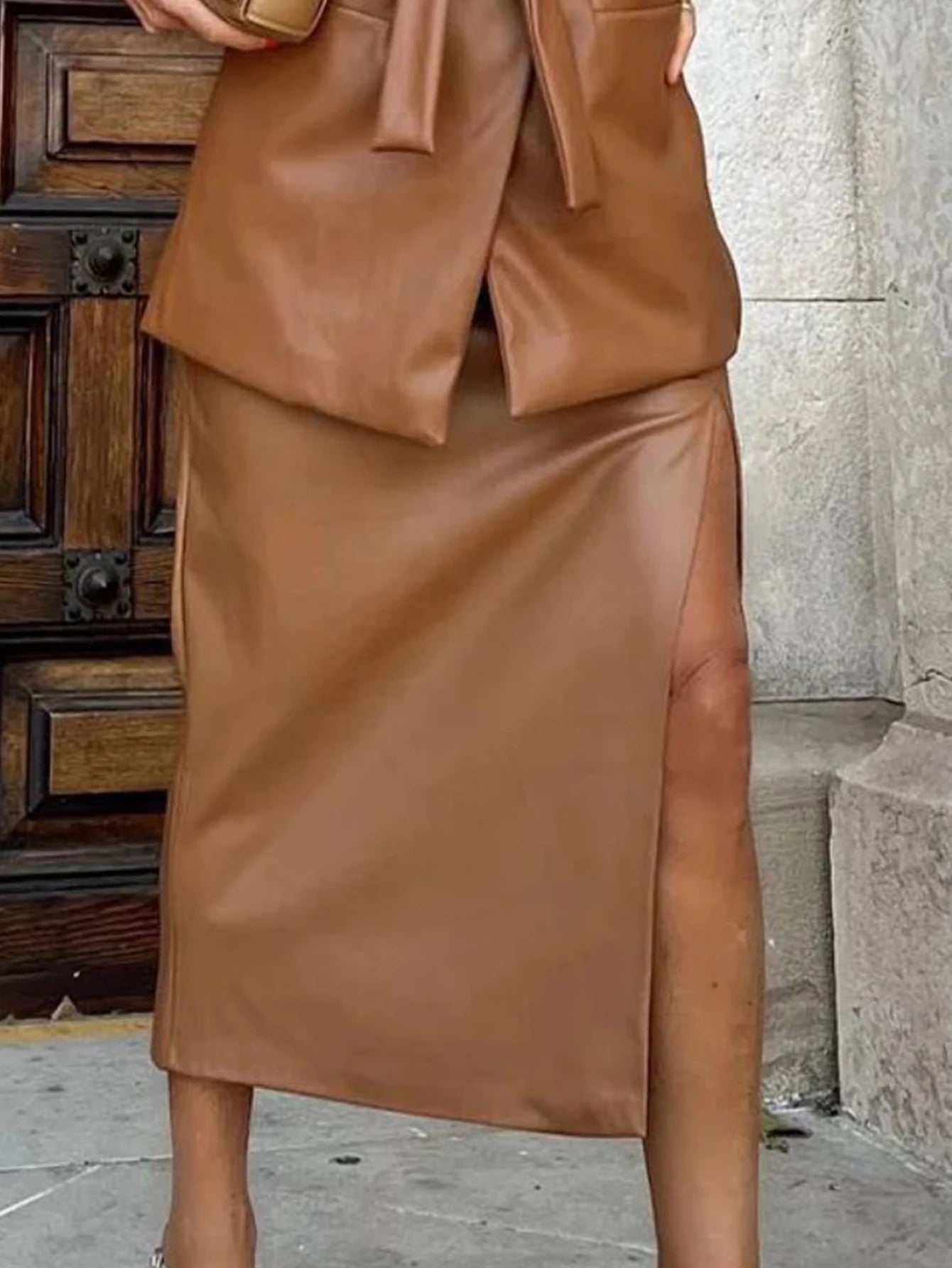 Sexy brown folds high waist PU summer maxi skirt women elegant party leather skirt woman clothing fashion streetwear long skirts