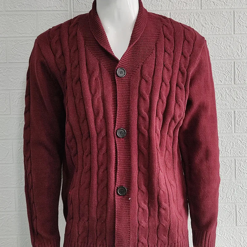 Autumn Winter Men's Warm Knitted Sweater Solid Single-breasted Twisted Texture Cardigan Lapel Slim Buttoned Thick Sweater Male