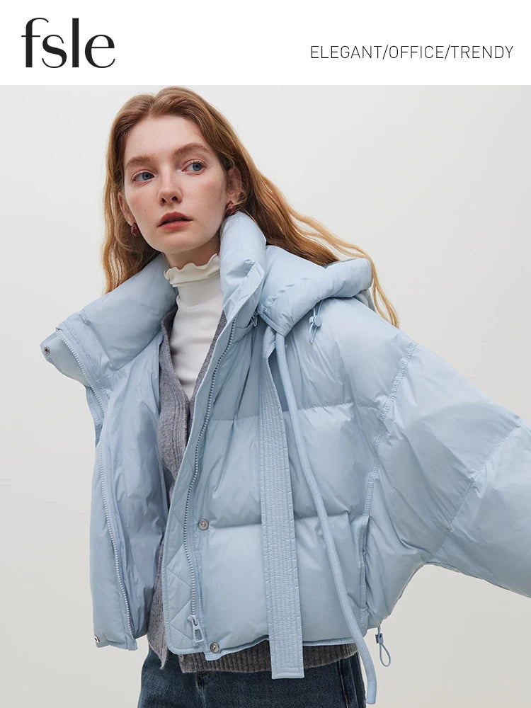FSLE Classic Style Commuter 100-150G Short White Goose Down Jacket for Women 2023 New Winter Bat Sleeve Loose Warm Jacket Female
