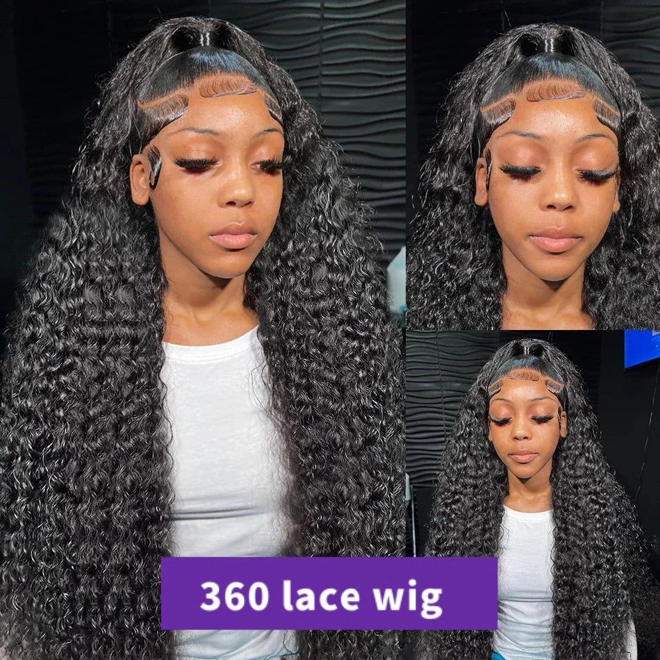 13x6 Deep Wave Lace Front Wigs Human Hair 200% Density Curly Human Hair Wig for Women Natural Black HD Transparent Lace Frontal