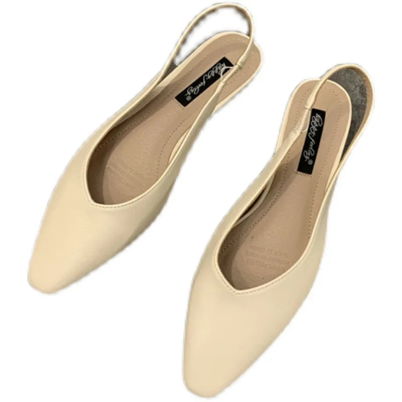 Elegant Slingback Flat Sandals Women Solid Leather Pointed Toe Shoes Summer Ladies Rear Strap Sandalias Low Heel Mary Janes 2025