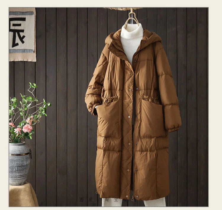 Schinteon Women White Duck Down Long Jacket Casual Loose Autumn Winter Outwear with Hood Warm Coat Big Pockets 2024 Korean Style