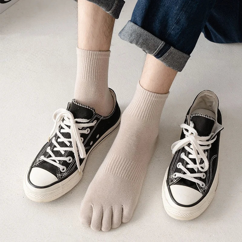 Men's Cotton 5 Toe Socks Mid Cuff Anti Odor Sweat Wicking Non Slip for Spring Autumn Casual Athletic Solid Color Daily Comfort