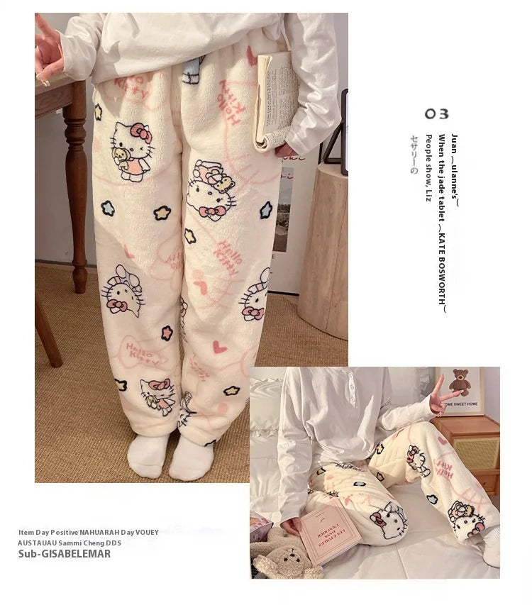 HelloKitty Warm Coral Velvet Sleepers Women's Flannel and Velvet Thick Pants Sleepwear Plush Large Home Pants