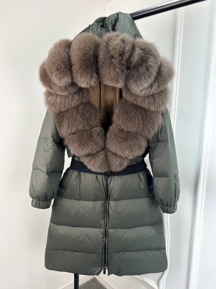 Lagabogy 2025 Winter Puffer Jacket Women Real Fox Fur Hooded Collar Thick Warm Long White Duck Down Coat Loose Luxury Outerwear