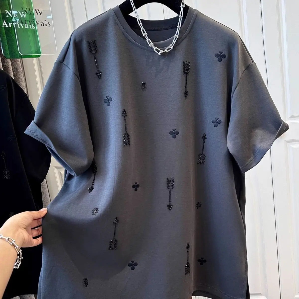 Korean Oversized Loose Embroidered Short Sleeve T-Shirts 2025 Summer New Casual Printing Loose O-neck Top Tee Women Clothes Tops