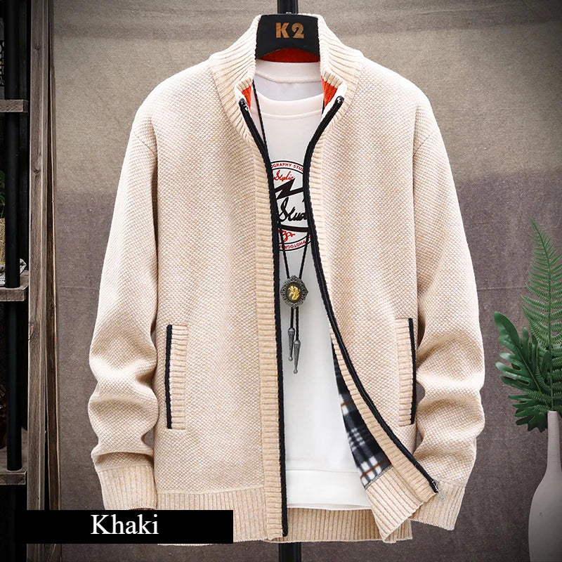 Knitted Cardigan Solid Color Sweater Men Zipper Autumn New Long-sleeved Jacket Warm Fleece Cardigans Jacket
