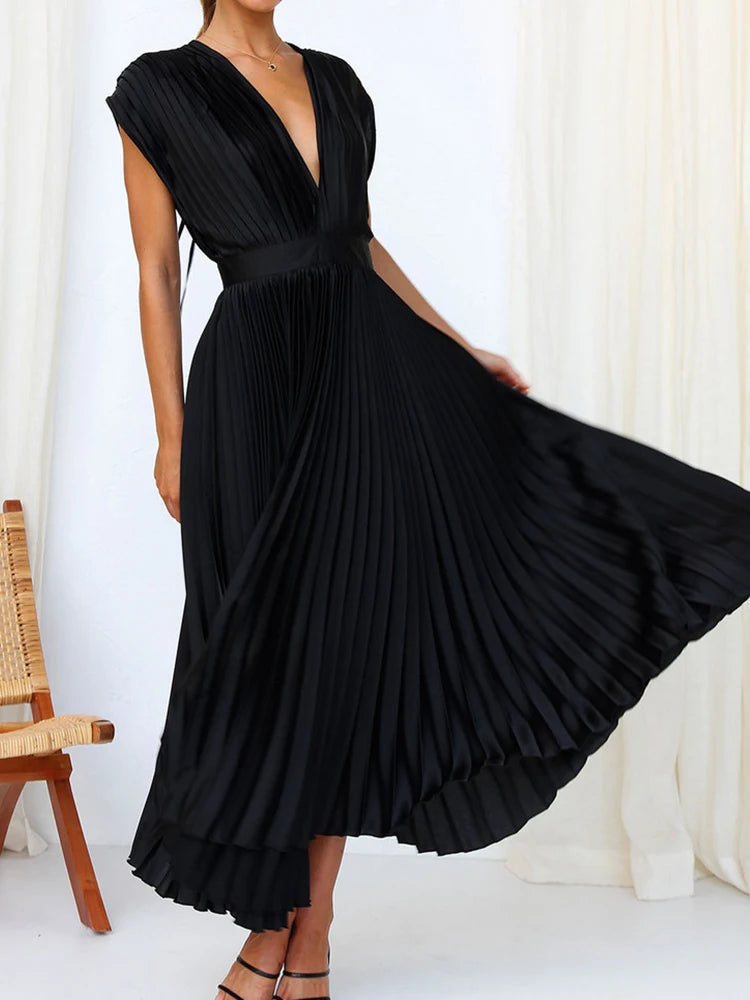 Maxi Dress Women Elegant Sexy Loungewear New Deep V-Neck Lace-Up Party Dress Summer Sleeveless Holiday Ladies Dress Dropshipping