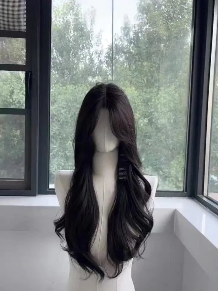 women's long hair black simulated hair new fashionable and versatile eight character bangs lazy curly hair wig