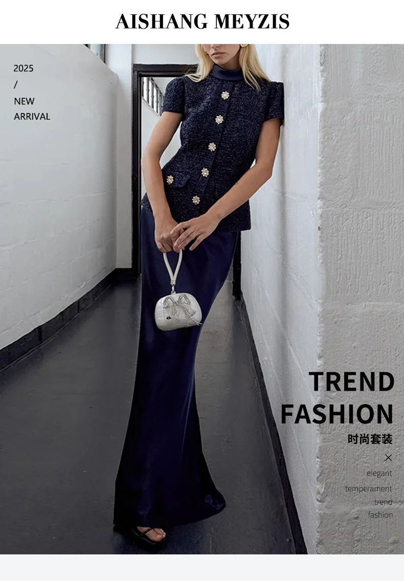 Maxi Formal Luxury Evening Dresses Women Summer Autumn Single Breasted Crystal Satin Tweed Long Dress Blue Party Dinner Vestidos