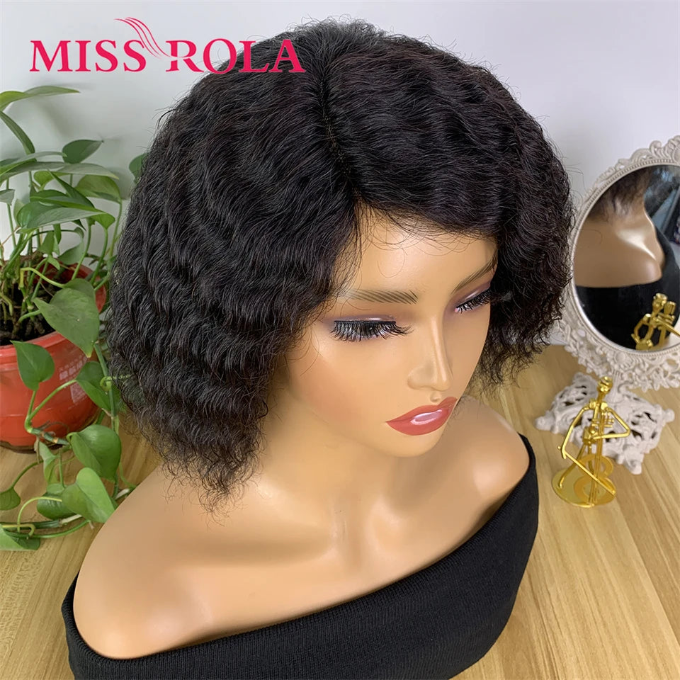 Miss Rola Brazilian 4X1 Lace Part Human Hair Wigs Right Side Part Water Wave Wig With Bangs Remy Lace Wig 180% Density