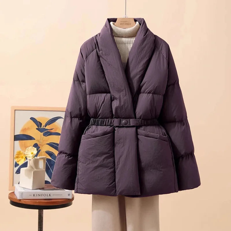 Schinteon Women White Duck Down Jacket Casual Loose Belt V-neck Collar Fashion Autumn Winter Outwear Korean Style Coat 2025 New