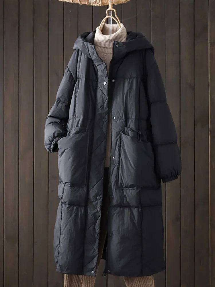 Schinteon Women White Duck Down Long Jacket Casual Loose Autumn Winter Outwear with Hood Warm Coat Big Pockets 2024 Korean Style