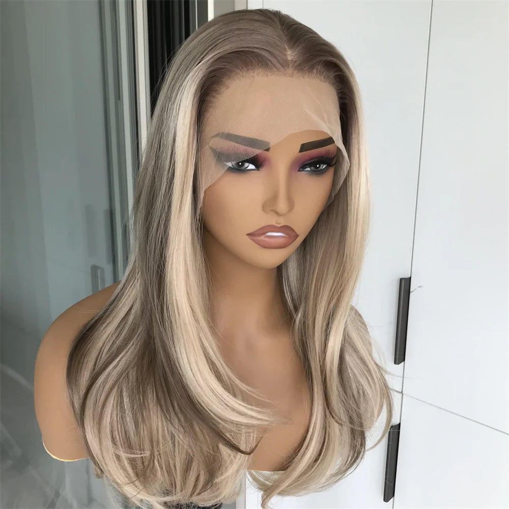 Highlight Honey Blonde Synthetic Lace Front Wig for Women 13x4 Lace Plucked Middle Length 18inch Heat Resistant Fiber Daily Use