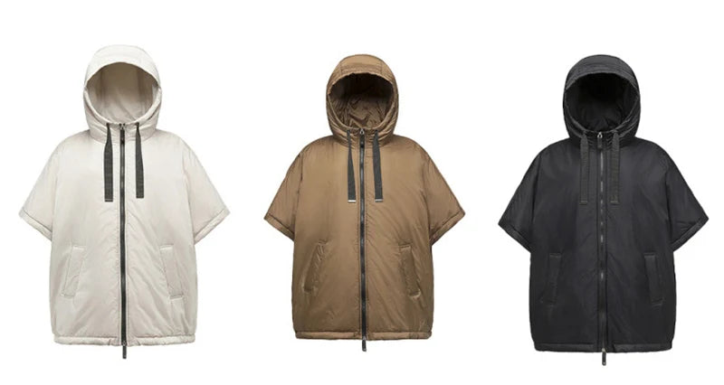 Schinteon Women Camel Down Cape Vest with Hood Loose Sleeveless Gilet Solid Fashionable Autumn Winter Jacket 2025 New