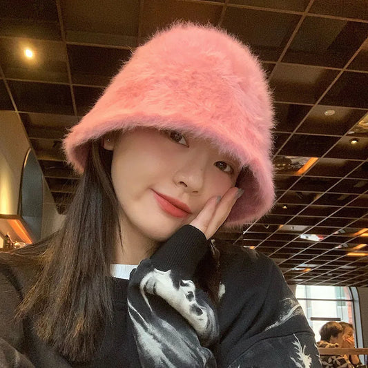 Winter Rabbit Fur Bucket Hat Women Korean Solid Color Warm Fisherman Cap Autumn Thicken Plush Female Windproof Hats