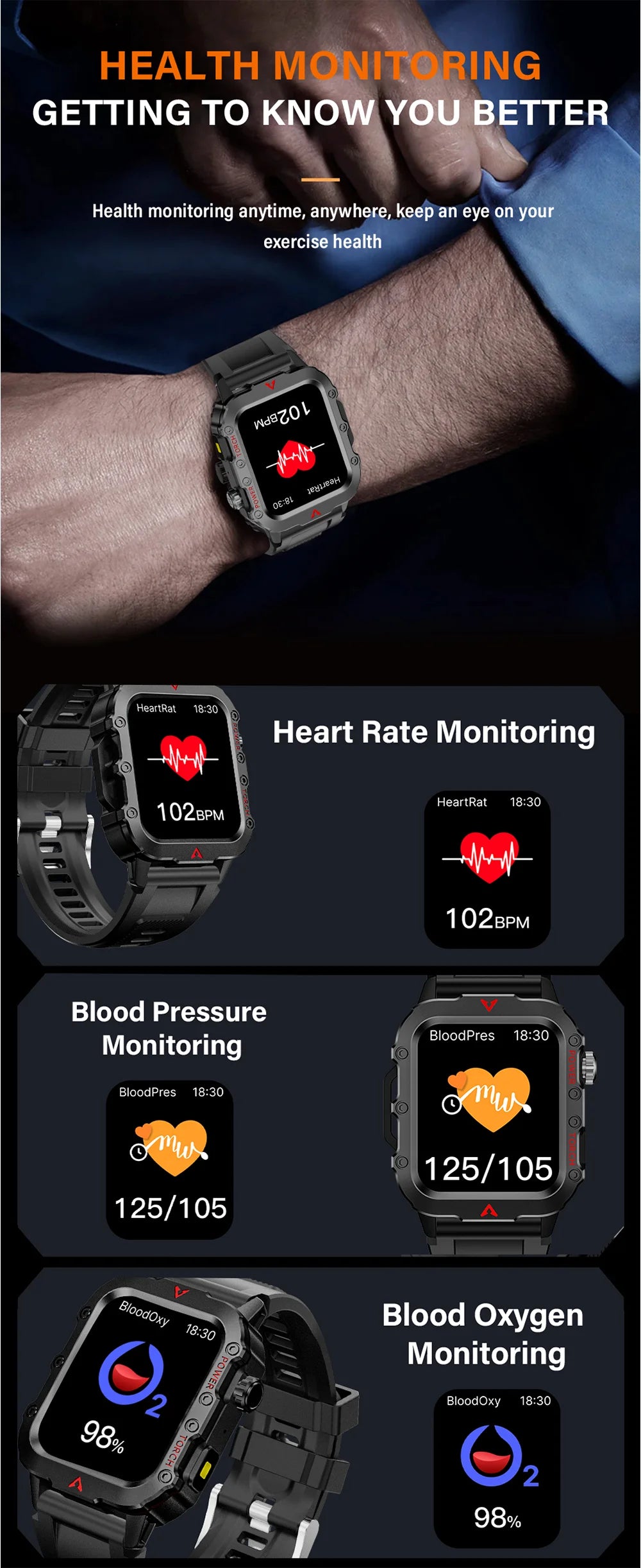 LAXASFIT New Outdoor Military Smartwatch Bluetooth Talking Smartwatch 1.73 Inch LED Sports Fitness Watch
