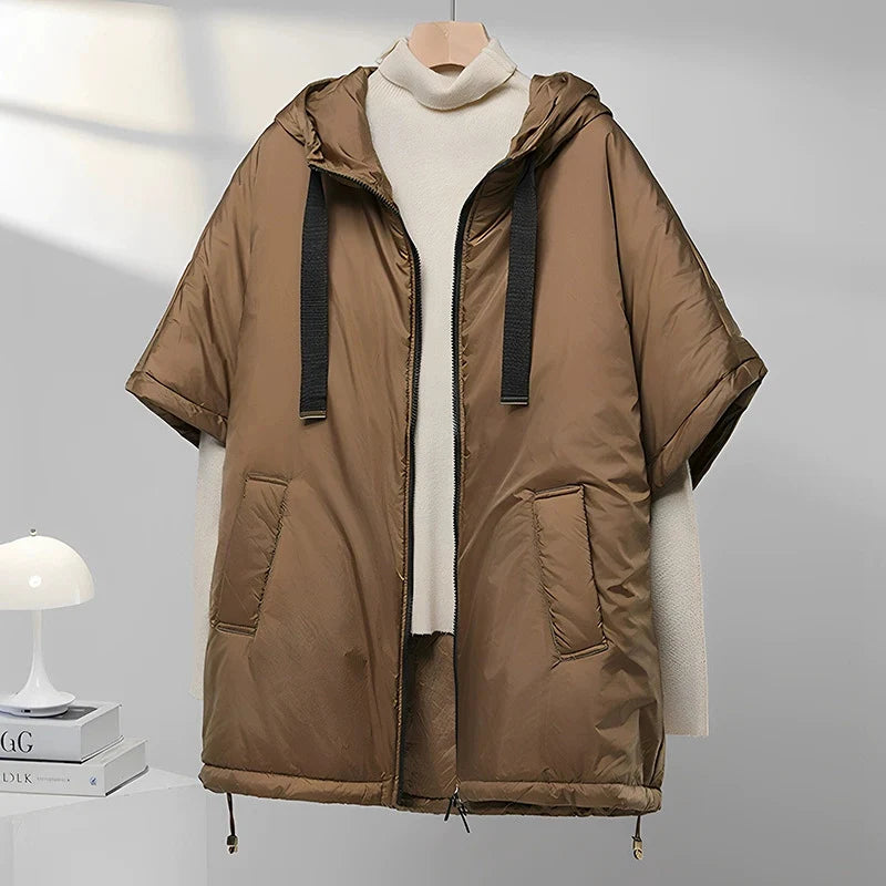 Schinteon Women Camel Down Cape Vest with Hood Loose Sleeveless Gilet Solid Fashionable Autumn Winter Jacket 2025 New