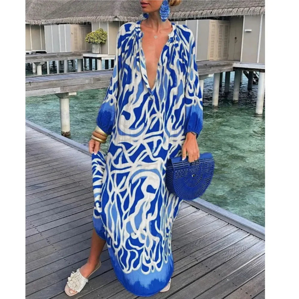 Women Maxi Dresses Summer Long Sleeve V-Neck Dress Fashion Printed Female Vacation Beach Long Dress Lady Elegant Loose  Robes