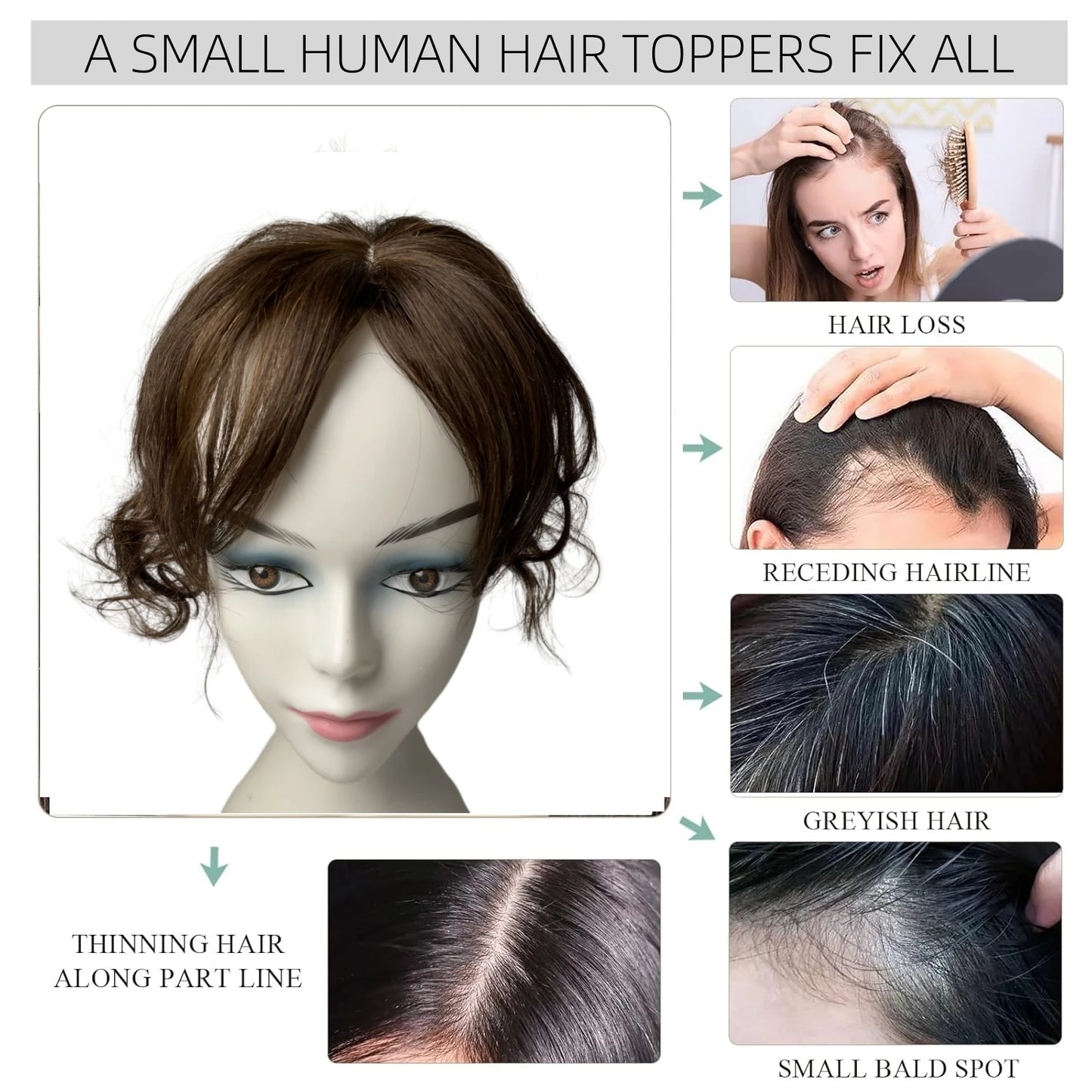 Body Wavy Human Hair Toppers for Women 25cm Clip In Curly Hairpieces Extensions Increase Hair Volume Mild Brown Non-Remy