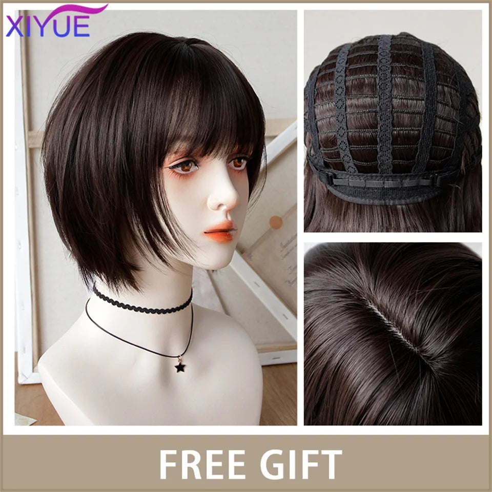 XIYUE Long Straight Black Wig With Bang Synthetic Wigs for Women Heat Resistant Natural Hair for Daily Halloween Cosplay Party