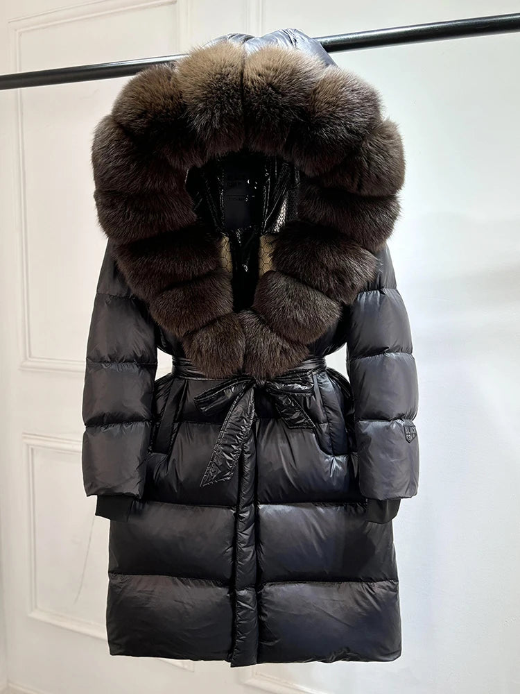 Janveny Winter Real Natural Fox Fur Hooded Long Puffer Down Jacket Women 90% Goose Down Coat Thick Warm Female Shiny Parkas