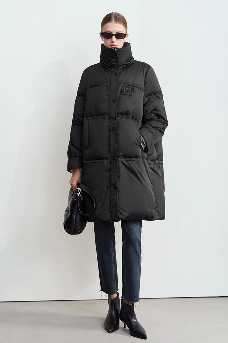 Amii 2024 Winter New Women's Velcro Loose Coat Top Warm Stand-up Collar Letter Embroidered Seal Zipper Down Jacket 12444103