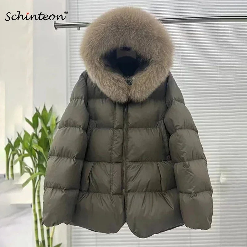 Schinteon Women 100% Real Fox Fur Collar White Duck Down Jacket with Hood Autumn Winter Warm Casual A-lined Warm Outwear Cape