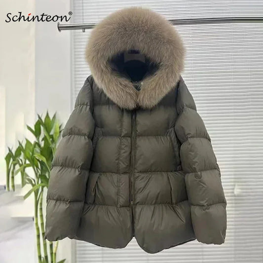 Schinteon Women 100% Real Fox Fur Collar White Duck Down Jacket with Hood Autumn Winter Warm Casual A-lined Warm Outwear Cape