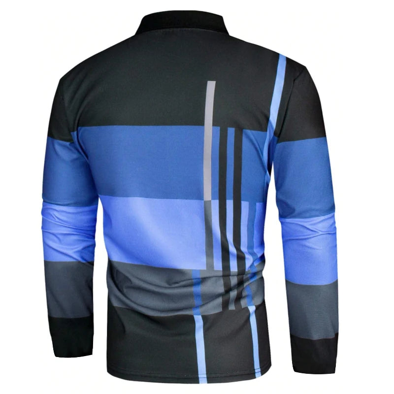 New Men Clothes Spring Autumn Long Sleeve 3D Digital Print Spell Color Polo Shirt Men Slim Fit Lapel Golf Polo Shirt Tops