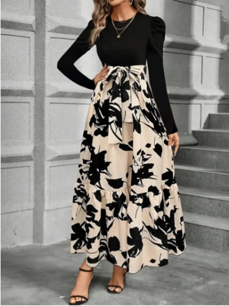 Round Neck Color Blocked Dress Women's Long Sleeved Floral Print A Line Dresses Autumn Elegant Party Dress Robe