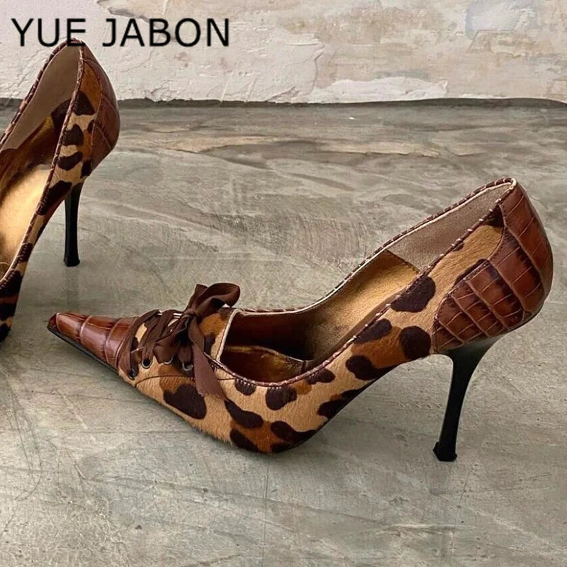 Sexy Leopard Print High Heels Women Black Pointed Toe Pumps Women Lace Up Elegant Designer Sandal Rhinestone Party Dress Shoes