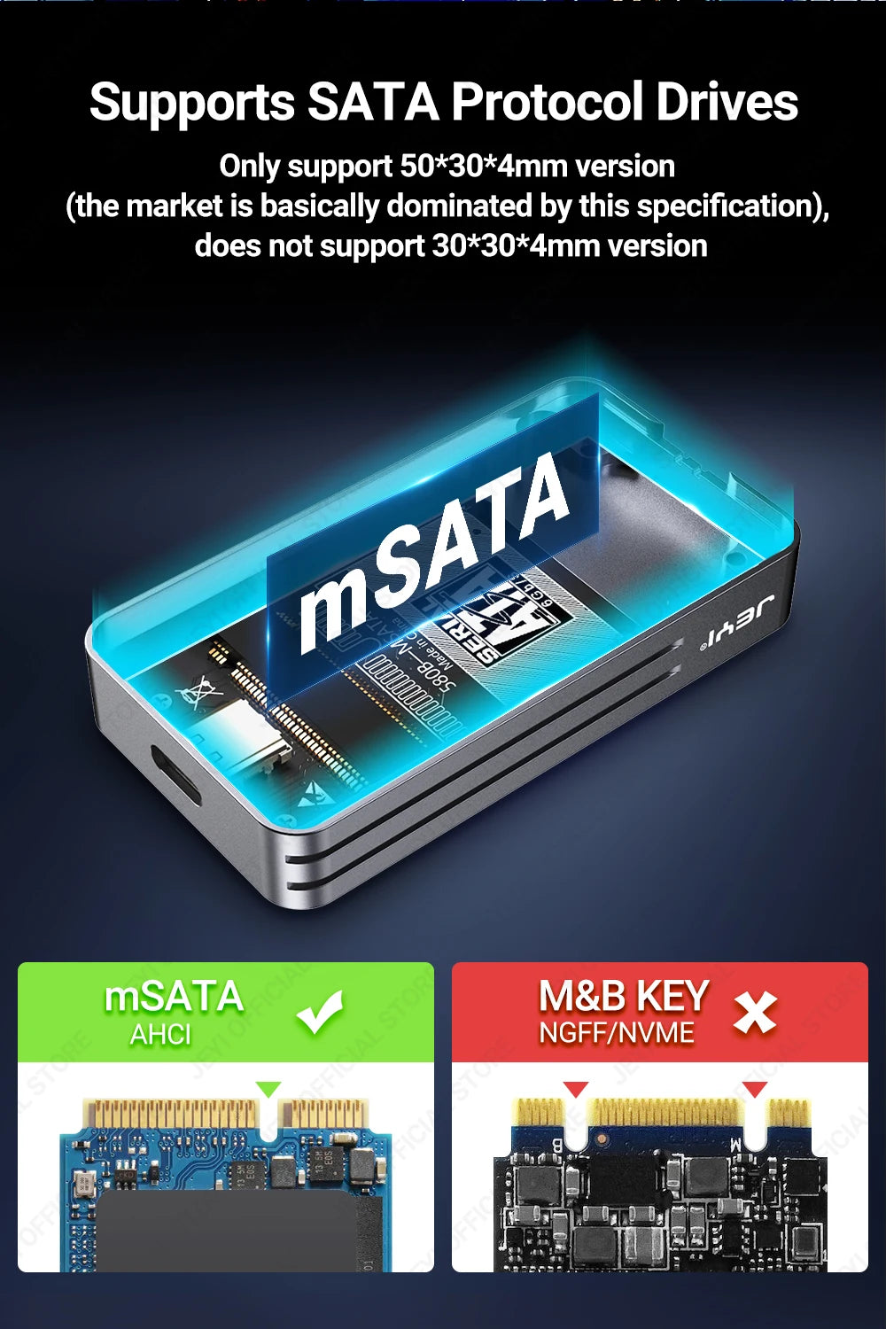 JEYI mSATA to USB 3.1 Gen2 10Gbps SSD Enclosure Adapter Case with Type C Port for mSATA Internal Solid State Drive Hard Drive