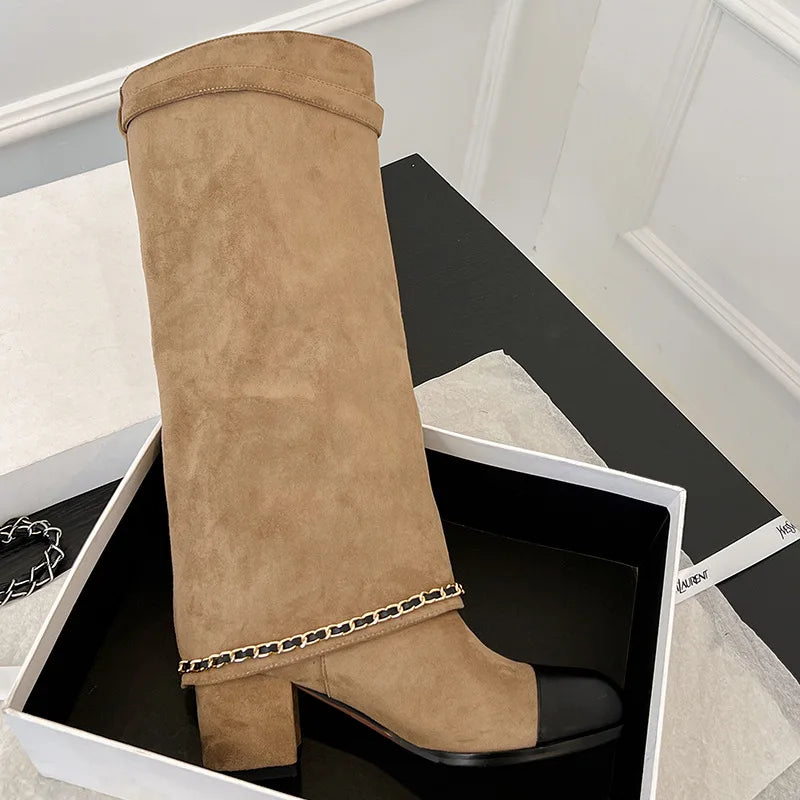 Arden Furtado 2024 Cowhide Mixed Colors Knee high boots Round toe Suede Pull-on Turned-over Edge Chunky heels Modern boots