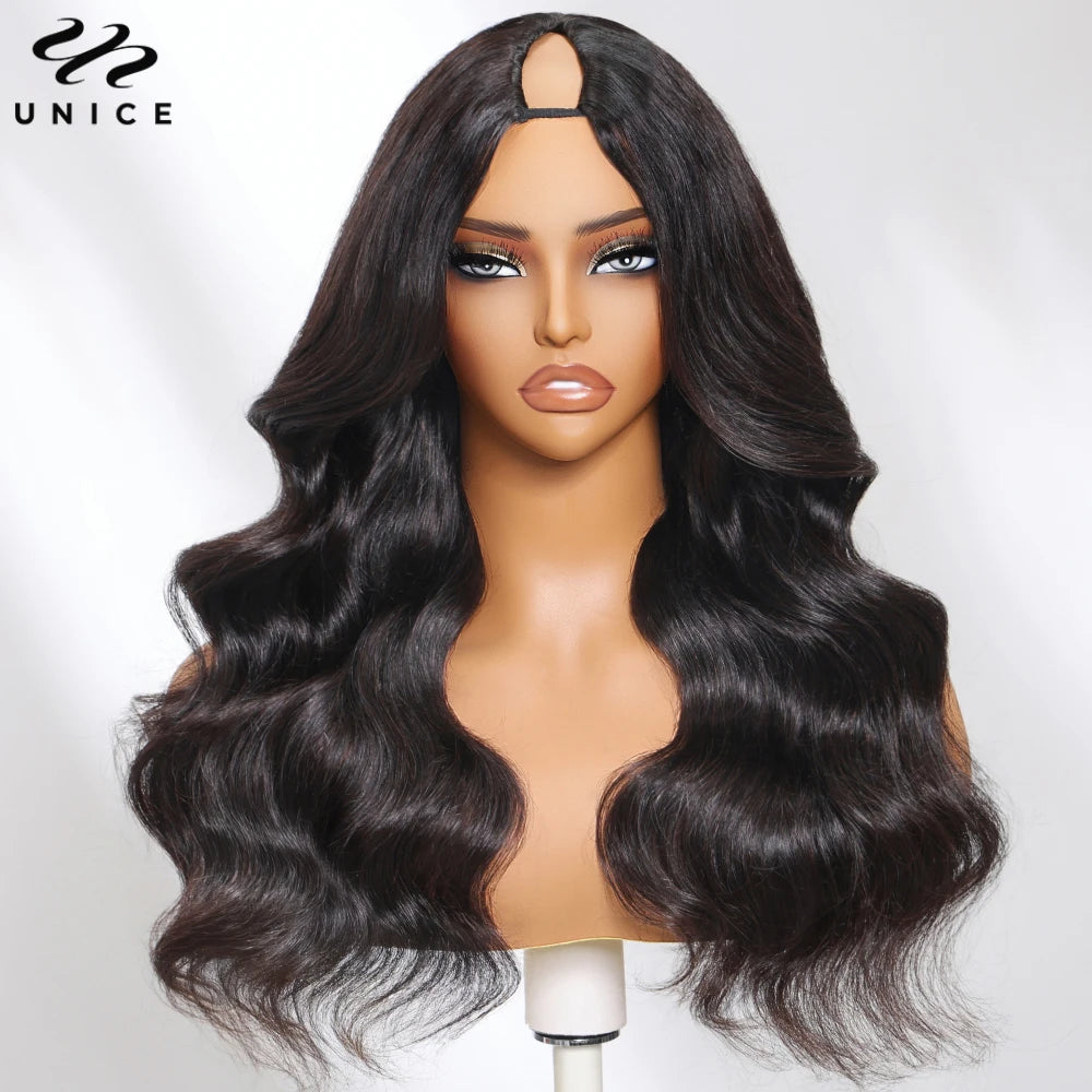 UNice Hair Drawstring Body Wave V Part Wig Natural Color 100% Human Hair Wigs Clip In V-Part Wig Mini Leave Out 150% Density