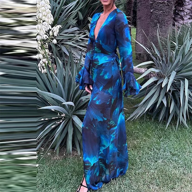 Show Style Floral Print Maxi Slim Dress Women Luxury Deep V-Neck Chiffon Party Dress 2025 Spring Elegant Long Sleeve Slit Dress