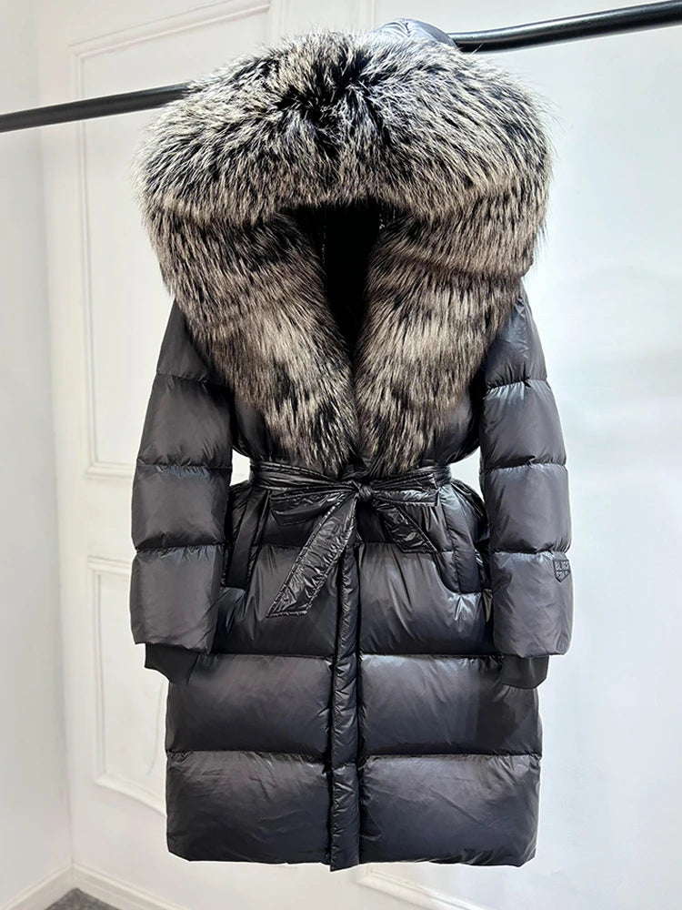 Janveny Winter Real Natural Fox Fur Hooded Long Puffer Down Jacket Women 90% Goose Down Coat Thick Warm Female Shiny Parkas