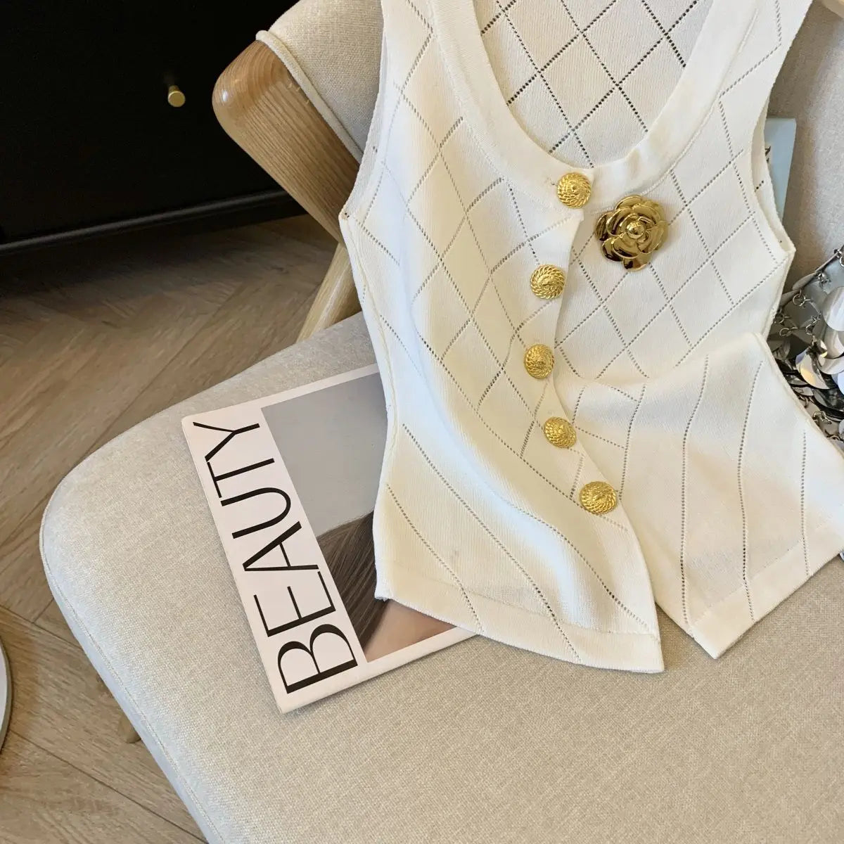 Women Clothes Stylish Vintage Elegant Luxury Chic Hollow Button Knitted Vest Summer V Neck Sleeveless Black White Slim Tank Tops