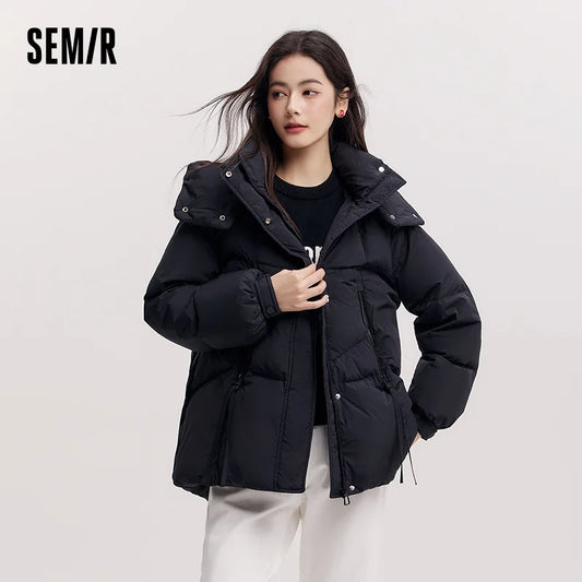 Semir Mid-Length Down Jacket Women Loose Fit Hooded Textured Coat 2025 New Winter Casual Warm Style