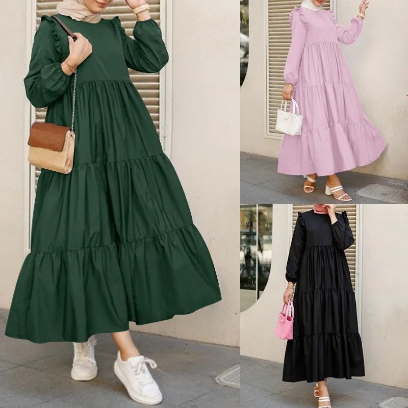 2025 Muslim Maxi Dresses for Women Fashion Vintage O-neck Sundress Dubai Abaya Islamic Kaftan Robe Vestidos Elegantes Para Mujer