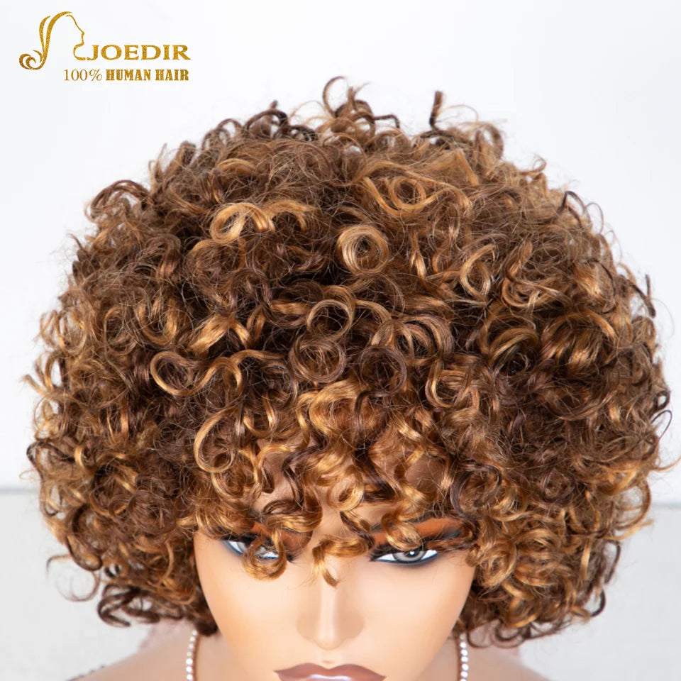 Joedir Black Short Afro Kinky Curly Bob 100% Human Hair Wig For Women Brazilian Remy Hair Full Machine Made Wear to go Daily Wig