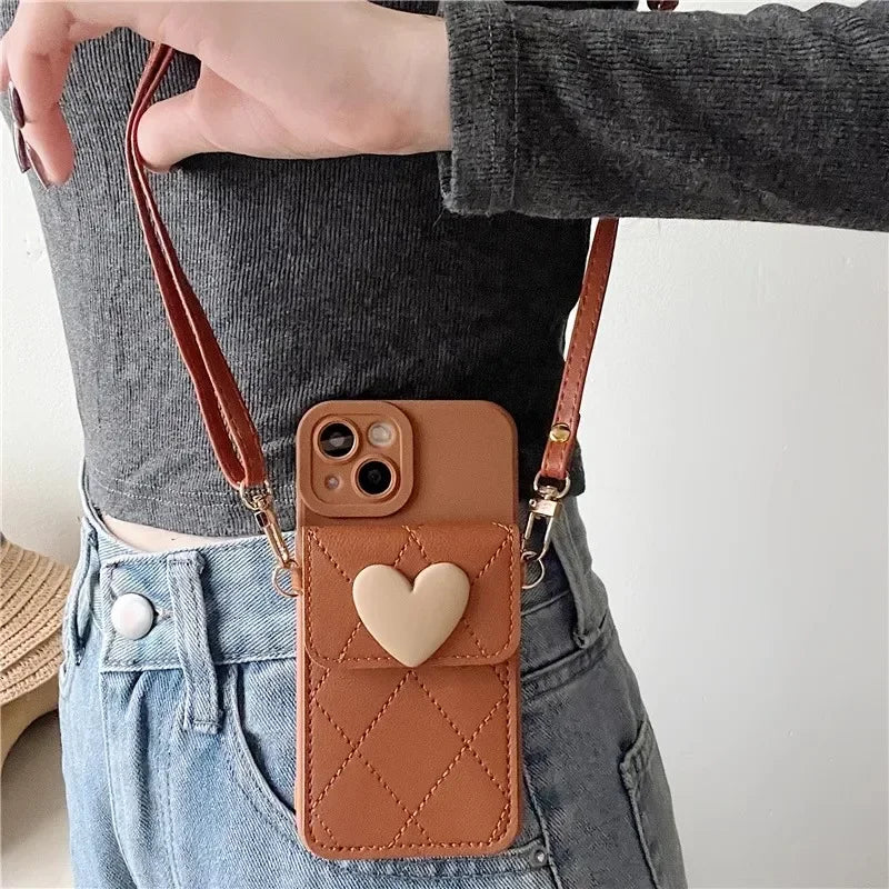 Cute Crossbody Lanyard Case For Xiaomi Redmi Note 14 Pro Plus 13 12 14C 13C Mi 14T X7 Strap Card Slots Phone 3D Love Heart Cover