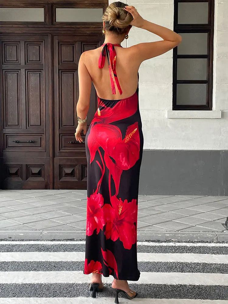 Women's Maxi Dresses Summer New Streetwear Fashion Lace-up Knitted Dress Red Sexy Female Print Backless Low Chest V-Neck Dresses