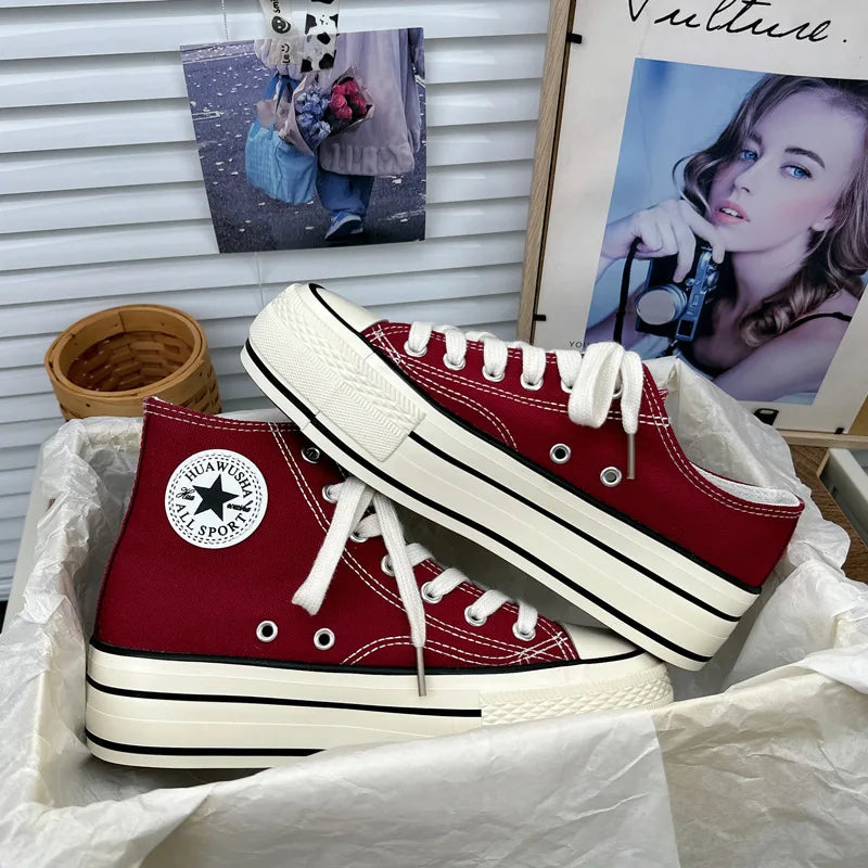 2024 New Style Korean Versatilewine Red High Top Shiny Canva Women's Shoes With Thick Sole 4CM Low Top Sneaker H-1