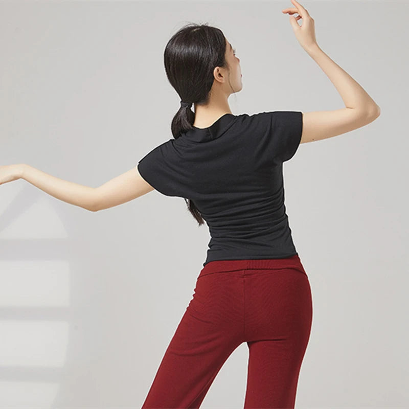 Modern Dance Clothes Women  V-Neck Seamless Short Sleeve T-Shirt Elegant Stage Costume Basic Training Tops Casual Summer Blouse