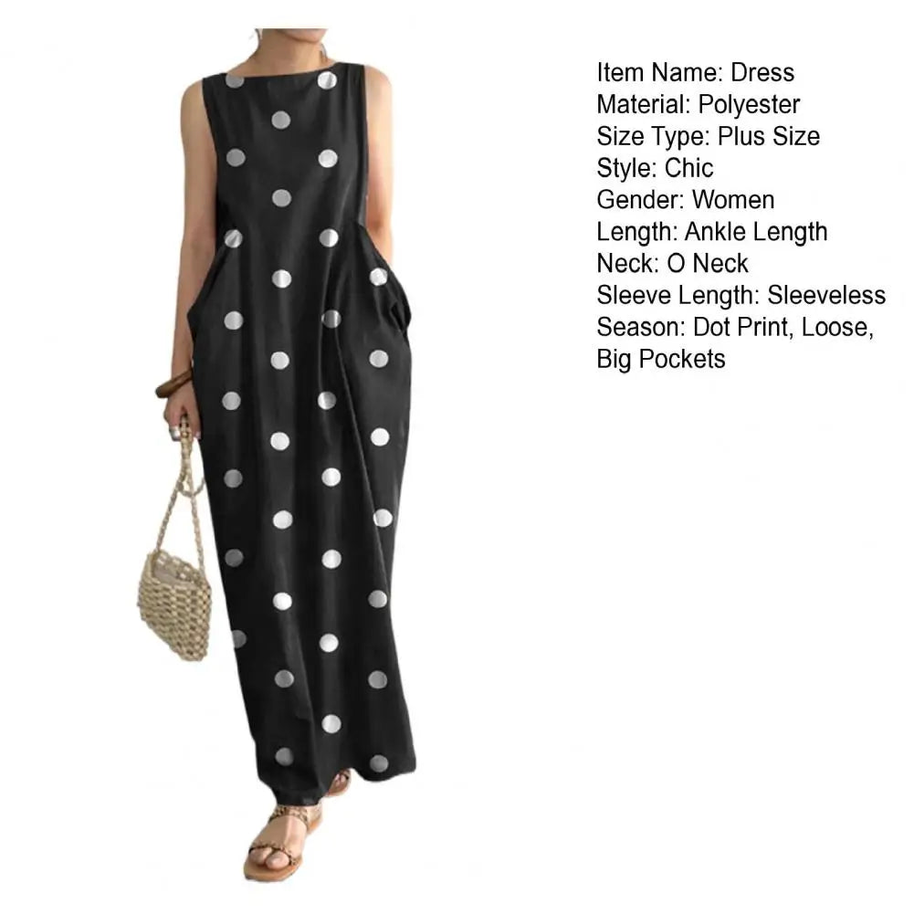 Loose Maxi Dress Summer Maxi Dress with Dot Print O Neck Big Pockets for Women Soft Ankle Length Beach