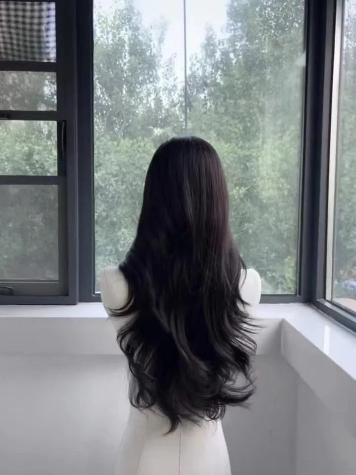 women's long hair black simulated hair new fashionable and versatile eight character bangs lazy curly hair wig